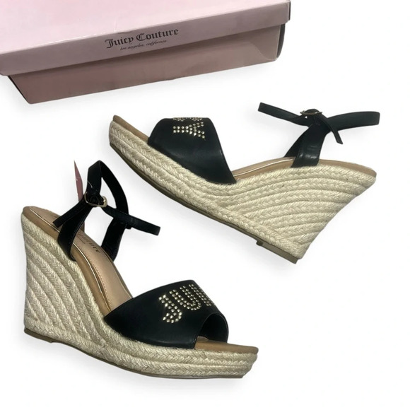 Juicy Couture Black Metal Stud Espadrille Platform Ankle Strap Wedge Sandals 9 - Picture 7 of 14